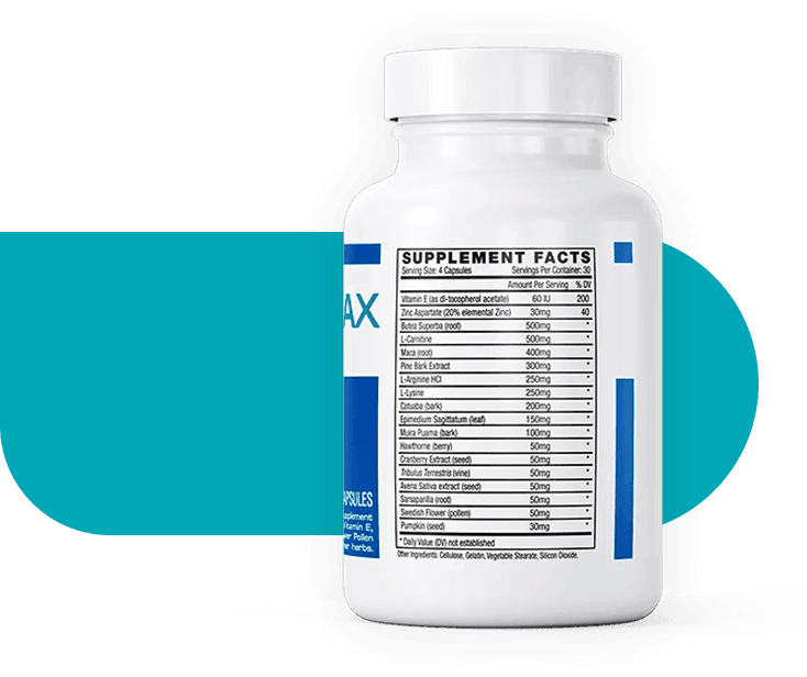Supplement facts label showing the complete list of natural ingredients included in the Semenax formula.