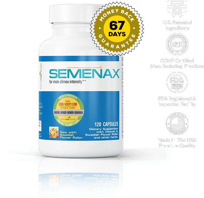 Official promotional banner for Semenax dietary supplement featuring product bottles and key brand highlights.