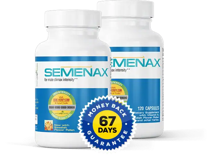 Semenax dietary supplement bottles displayed alongside an official money-back guarantee trust seal.