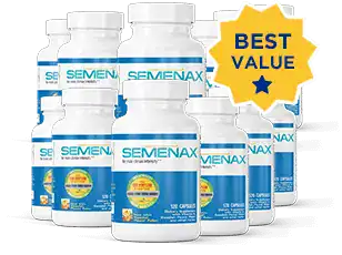 Twelve bottles of Semenax dietary supplement displayed together representing a full 1-year package deal.