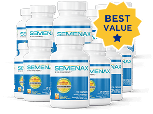12 bottles of Semenax dietary supplement displayed together representing a 12-month supply package.